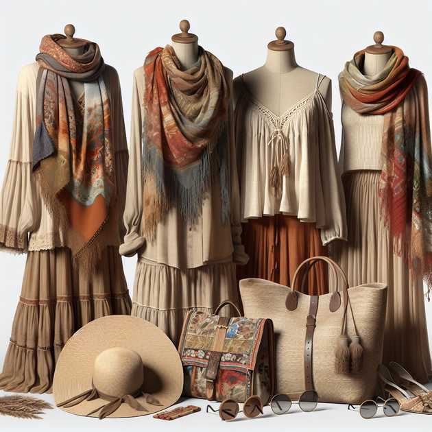 Different Boho Fashion elements such as earthy tones attires, vibrant-colored scarves, a sun hat, textured bags, and oversized sunglasses.