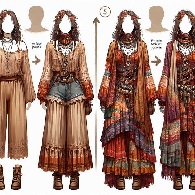 Before and after photos illustrating the impact of adding Boho elements to an outfit. The transition from simple, straightforward attire to a more elaborate, textured, and colorful ensemble is shown.