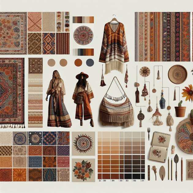 A mood board illustrating various elements and inspirations of Boho fashion including textile samples, color palettes, and lifestyle elements.